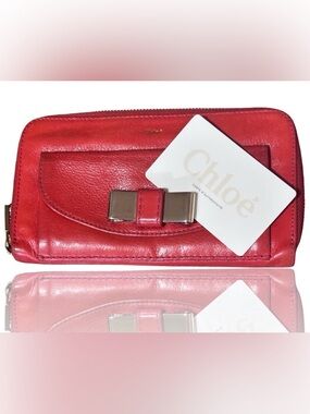 Chloe COA Lily Ribbon Wallet in Bright Red Pebbled Leather
